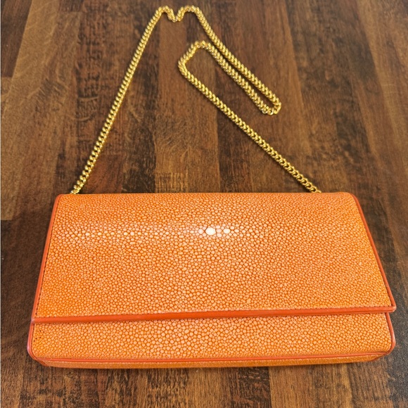 Vivo Handbags - VIVO $580 Orange Genuine Shagreen Stingray Leather Clutch Purse with Gold Chain
